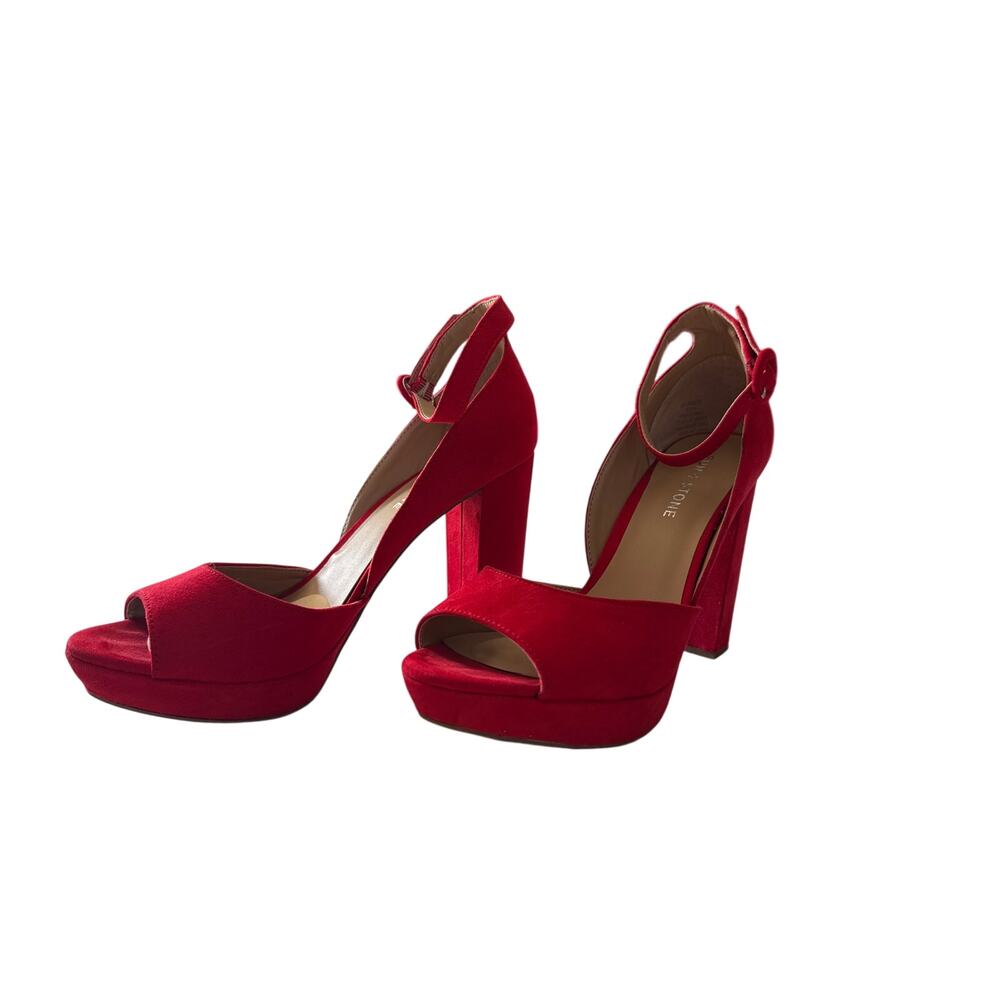 TSun + Stone Red Dress Heels w/ Ankle Strap Suede Sandals Block Heel 8.5 4inch